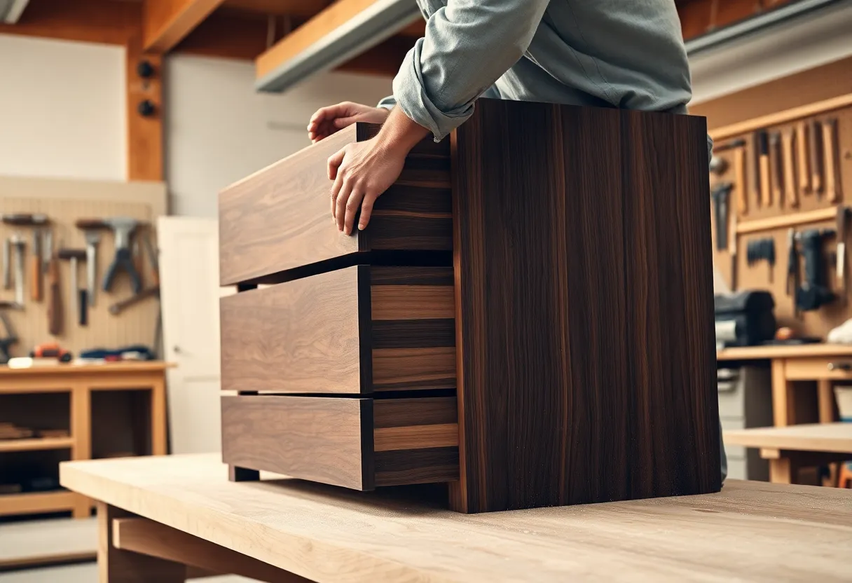 A craftsman at the bench, building a hardwood dresser by hand.