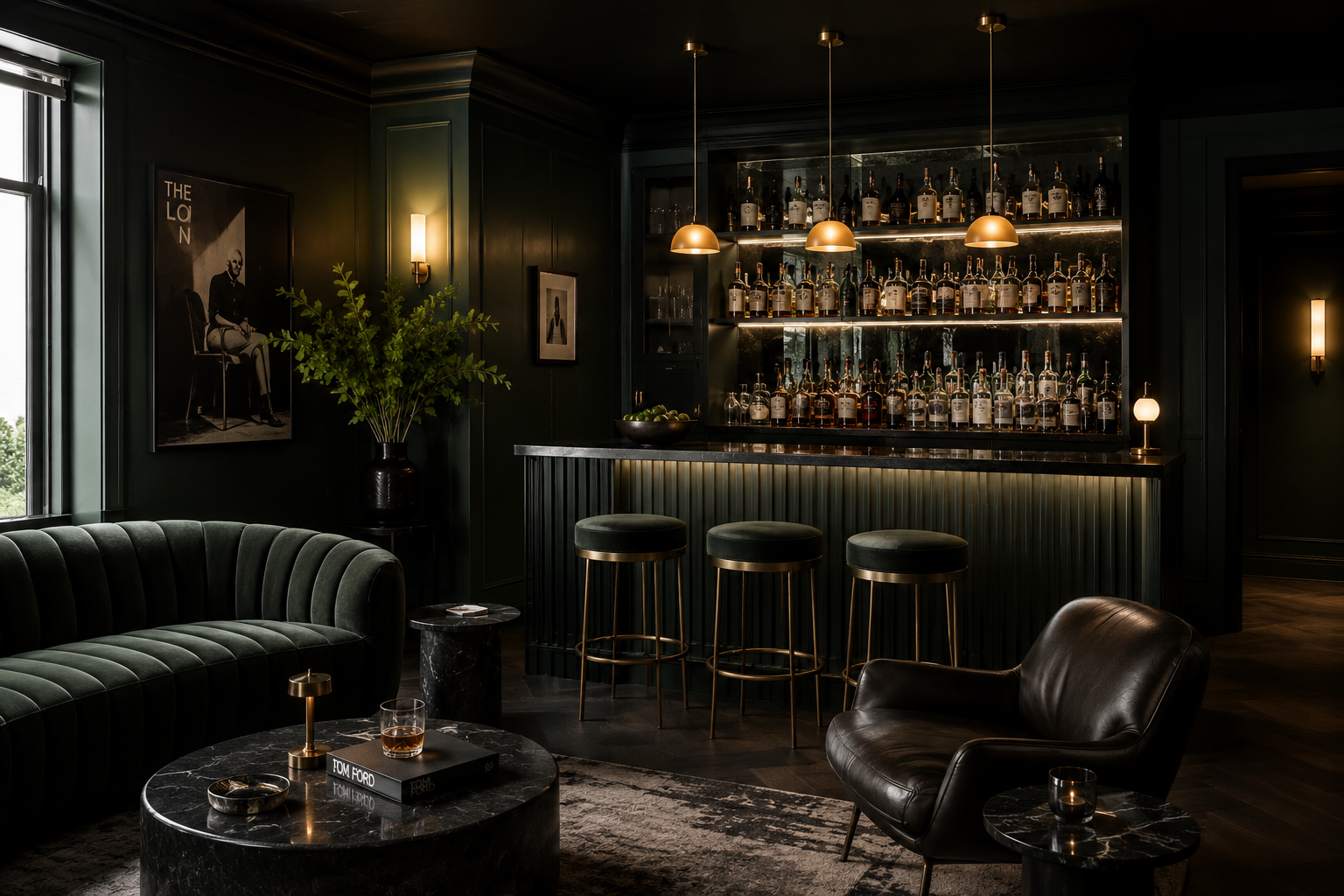 A modern home bar in a low-lit interior with custom millwork and dark accents.