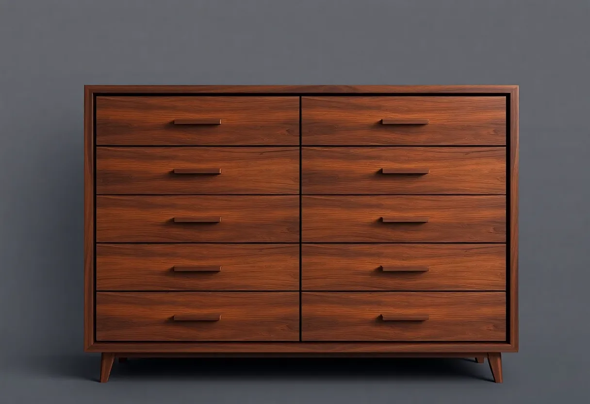 A modern walnut dresser, photographed from the front.